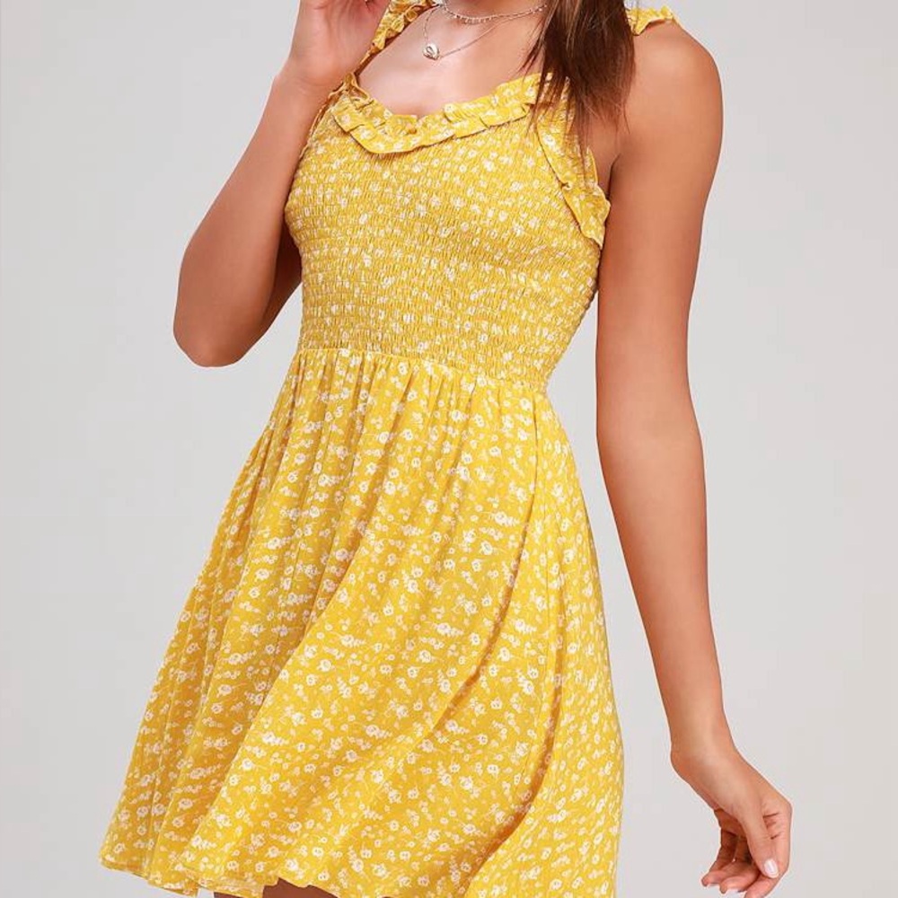 Lulus Mellie Golden Yellow Floral Print Smocked Mini Dress